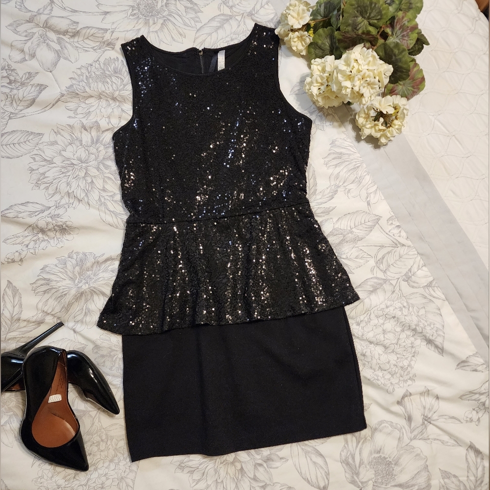Black Sequin Peplum Dress